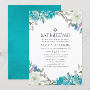 Invitation Bleu poussiéreux et floral turquoise Bar Mitzvah