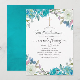 Invitation Bleu poussiéreux et floral turquoise pour la Saint
