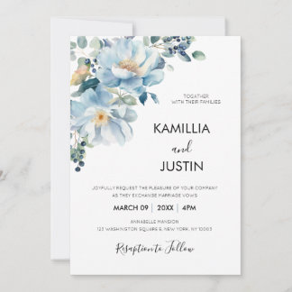 Invitation Bleu Poussiéreux et Or Élégant Floral Mariage Rust