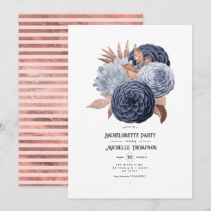 Invitation Bleu Poussiéreux et Or Rosé Fête de Fiançailles Fl