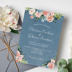 Invitation Bleu poussiéreux et pêche brun mariage floral rust