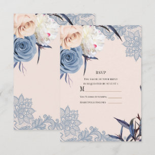 Invitation Bleu Poussiéreux et Pétales de Fleurs en Dentelle 