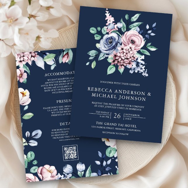 Invitation Bleu poussiéreux et rose floral Code QR Mariage ma (Créateur téléchargé)