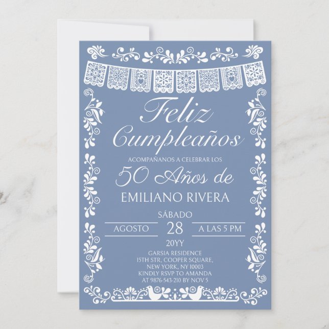 Invitation Bleu Poussiéreux Feliz Cumpleaños 50e Anniversaire (Devant)