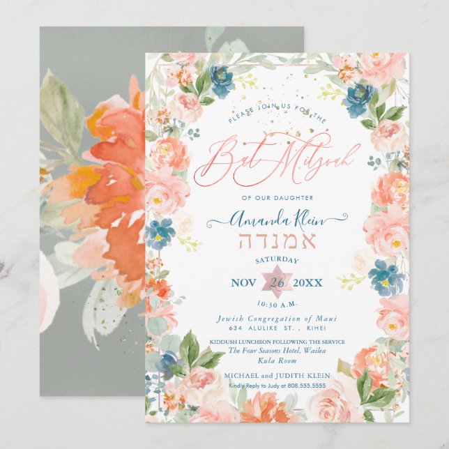 Invitation Bleu poussiéreux + Fleurs aquarelle corail Bat Mit (Devant / Derrière)