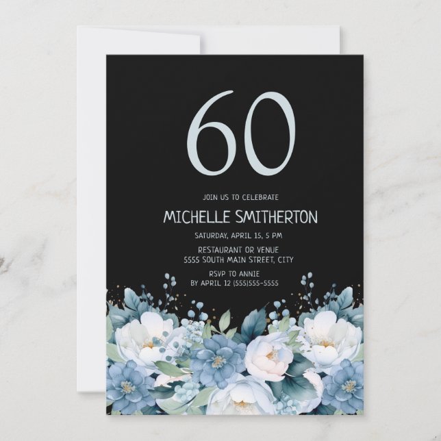 Invitation Bleu Poussiéreux Fleurs Blanches Anniversaire 60 A (Devant)