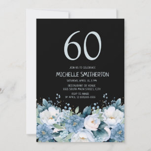 Invitation Bleu Poussiéreux Fleurs Blanches Anniversaire 60 A