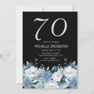Invitation Bleu Poussiéreux Fleurs Blanches Anniversaire 70 A