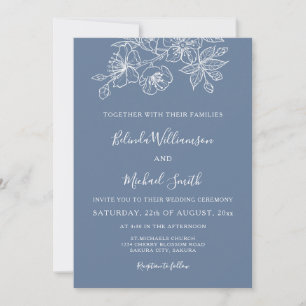 Invitation Bleu Poussiéreux Fleurs Blanches Art Linéaire   Ma