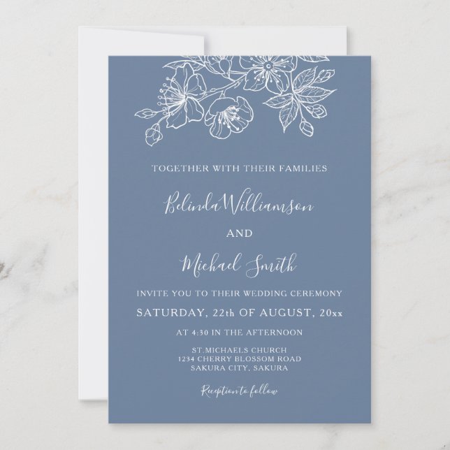 Invitation Bleu Poussiéreux Fleurs Blanches Art Linéaire | Ma (Devant)