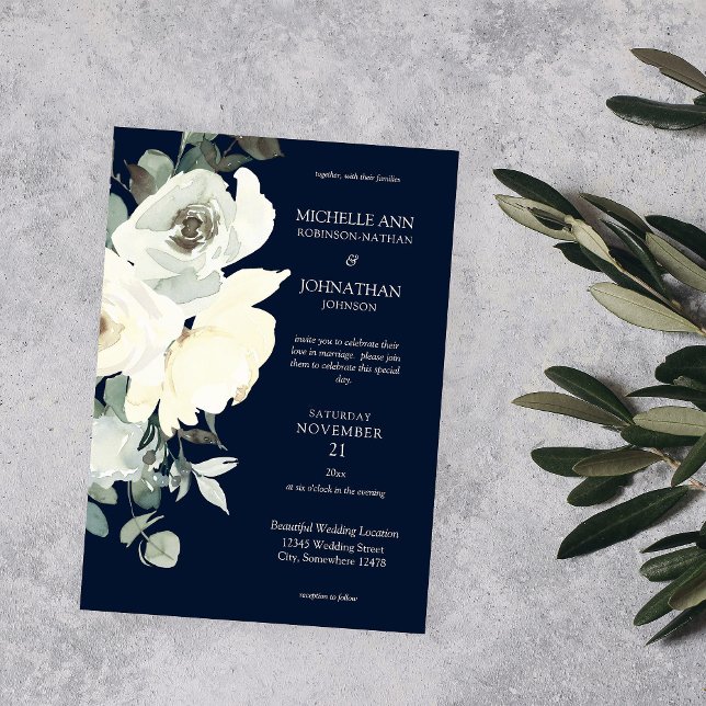 Invitation Bleu Poussiéreux & Fleurs Blanches Mariage - Nuit (Créateur téléchargé)