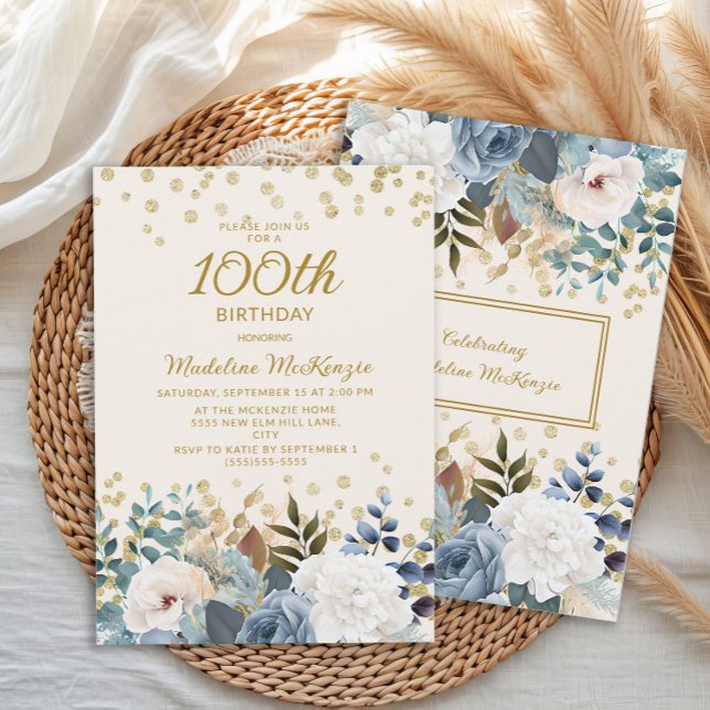 Invitation Bleu Poussiéreux Fleurs Blanches Or 100e Anniversa (Créateur téléchargé)