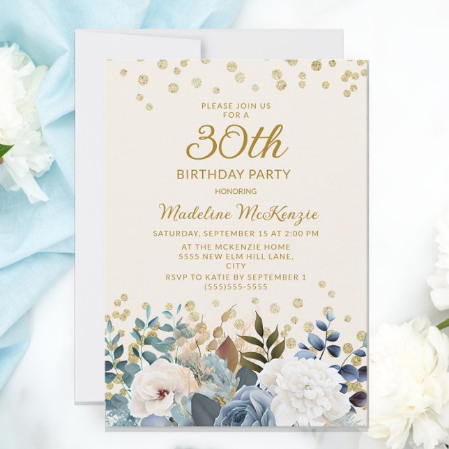 Invitation Bleu Poussiéreux Fleurs Blanches Or 30e Anniversai (Créateur téléchargé)