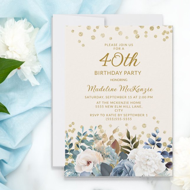 Invitation Bleu Poussiéreux Fleurs Blanches Or 40e Anniversai (Créateur téléchargé)