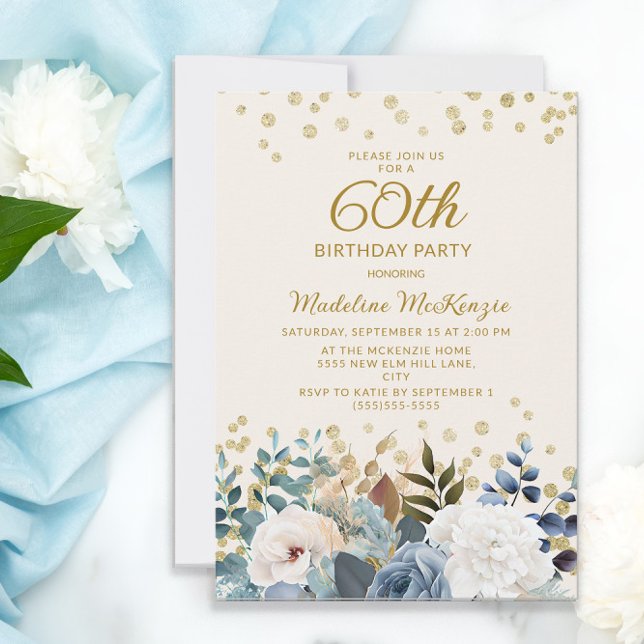 Invitation Bleu Poussiéreux Fleurs Blanches Or 60e Anniversai (Créateur téléchargé)