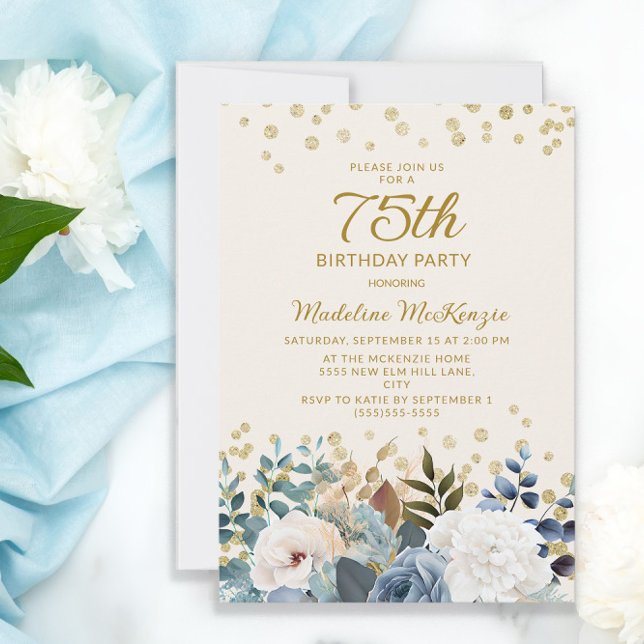 Invitation Bleu Poussiéreux Fleurs Blanches Or 75e Anniversai (Créateur téléchargé)