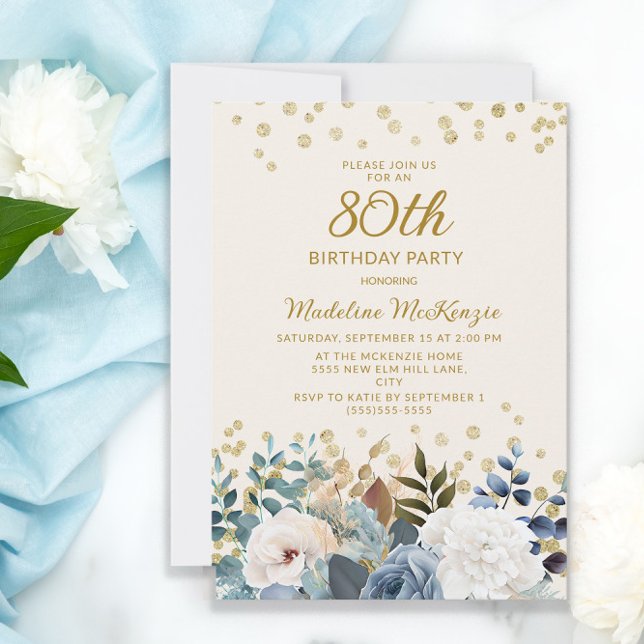 Invitation Bleu Poussiéreux Fleurs Blanches Or 80e Anniversai (Créateur téléchargé)