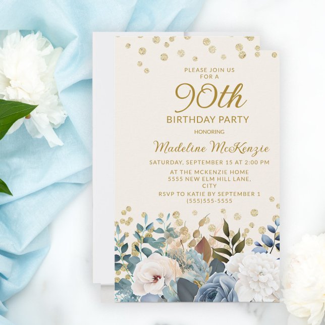 Invitation Bleu Poussiéreux Fleurs Blanches Or 90e Anniversai (Créateur téléchargé)