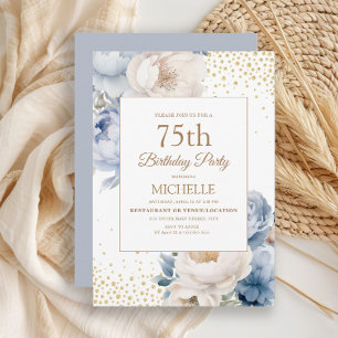 Invitation Bleu Poussiéreux Fleurs Blanches Paillettes Dorées