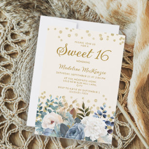 Invitation Bleu Poussiéreux Fleurs Blanches Paillettes Dorées