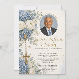 Invitation Bleu Poussiéreux Fleurs Blanches Photo Funérailles