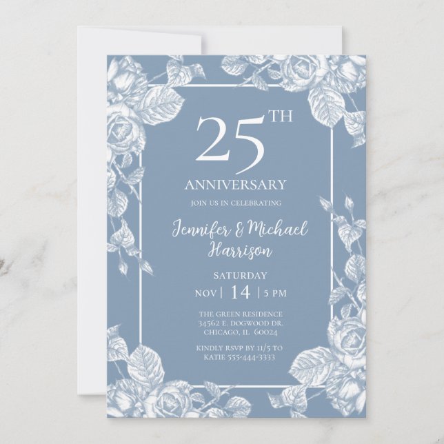 Invitation Bleu Poussiéreux Floral 25e Anniversaire (Devant)