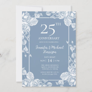 Invitation Bleu Poussiéreux Floral 25e Anniversaire