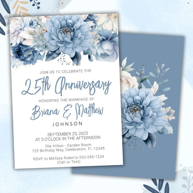 Invitation Bleu Poussiéreux Floral 25e Anniversaire de Mariag (Créateur téléchargé)