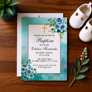 Invitation Bleu Poussiéreux Floral Baptême Religieux Garçon