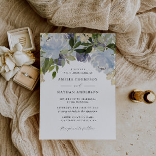 Invitation Bleu Poussiéreux Floral Élégant Mariage