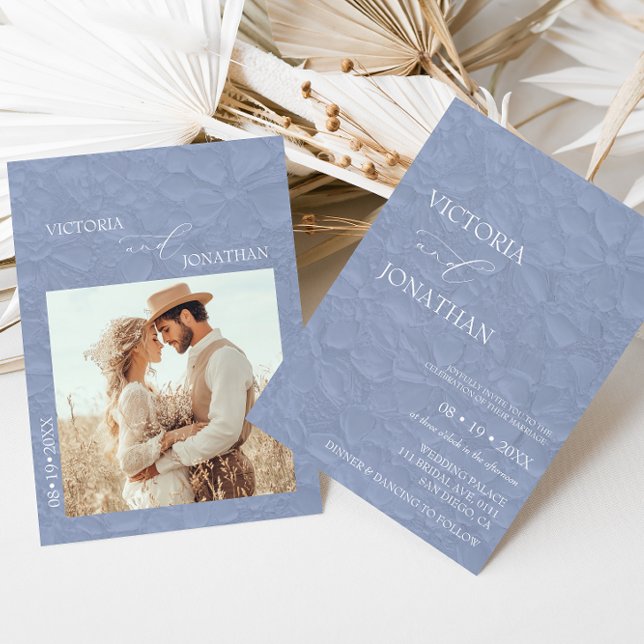 Invitation Bleu poussiéreux floral Élégant mariage  (Créateur téléchargé)