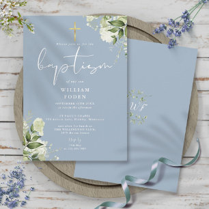Invitation Bleu Poussiéreux Floral Monogramme Baptême