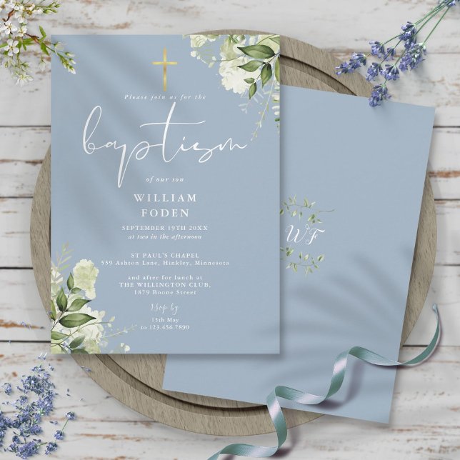 Invitation Bleu Poussiéreux Floral Monogramme Baptême (Dusty Blue Greenery Floral Monogram Baptism Invitation)