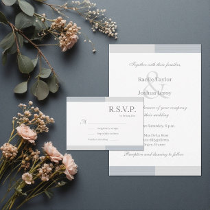 Invitation Bleu Poussiéreux Gris Blanc Rayures Élégant Mariag