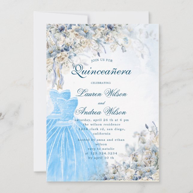 Invitation bleu poussiéreux jumeaux floraux Quinceañera Invit (Devant)