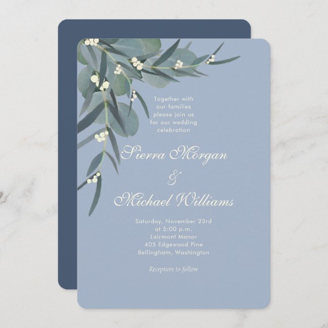 Invitation Bleu poussiéreux | Mariage botanique à l'eucalyptu (Devant / Derrière)