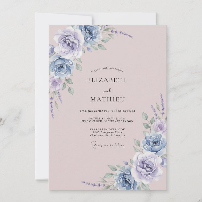 Invitation Bleu Poussiéreux Mariage Botanique Aquarelle Paste (Devant)