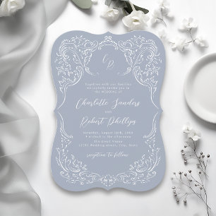 Invitation Bleu Poussiéreux Monogramme Mariage Vintage Floris