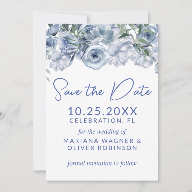 Invitation Bleu Poussiéreux sur Fond Blanc Fleurs Romantiques (Devant)