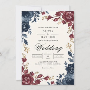 Invitation Bleu profond Bourgogne Floral Mariage