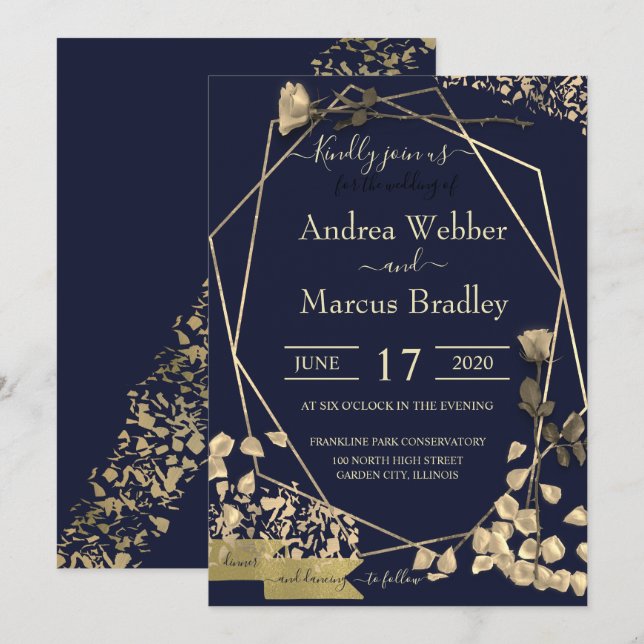 Invitation Bleu profond et Champagne (Devant / Derrière)