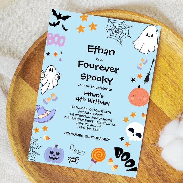 Invitation Bleu quatre jamais Éffrayant Fantôme Halloween 4e  (Blue Four Ever Spooky Cute Ghost Boy Halloween 4th Birthday Invitation )