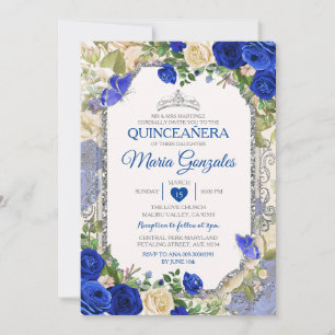 Invitation Bleu Quinceañera Argent Papillon de la Couronne 15