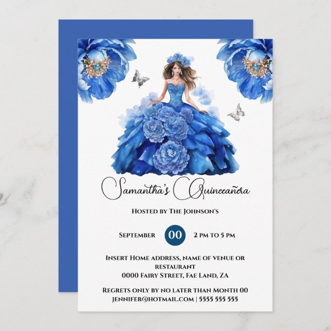 Invitation Bleu Quinceañera fleurs florales de pivoine (Devant / Derrière)