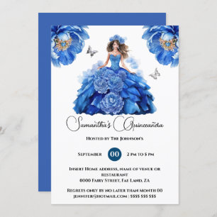 Invitation Bleu Quinceañera fleurs florales de pivoine
