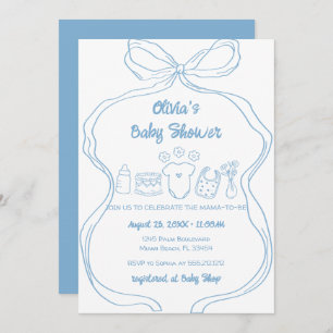 Invitation Bleu Quirky Main tiré Wavy Bow Boy Baby shower
