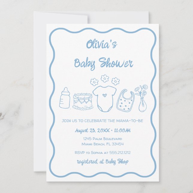 Invitation Bleu Quirky Main tiré Wavy Frame Baby shower garço (Devant)