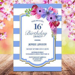 Invitation Bleu rayé 16e anniversaire Dîner fête