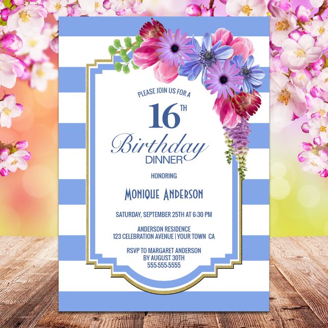 Invitation Bleu rayé 16e anniversaire Dîner fête (Créateur téléchargé)