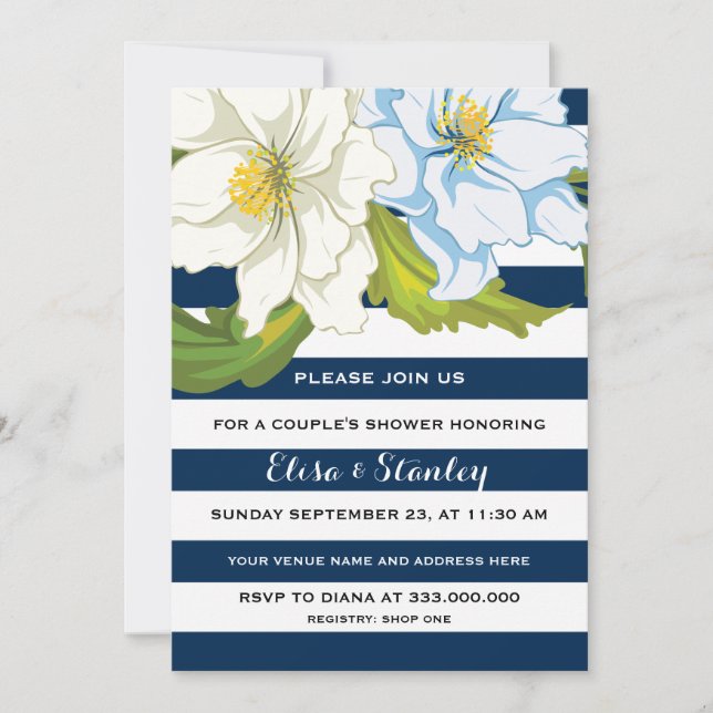 Invitation Bleu rayures & fleurs mariage couples douche (Devant)
